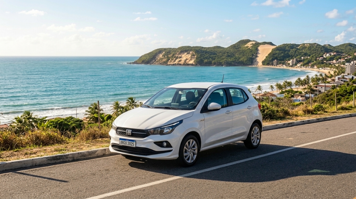 Carro moderno estacionado em uma via turística de Natal/RN com o Morro do Careca ao fundo